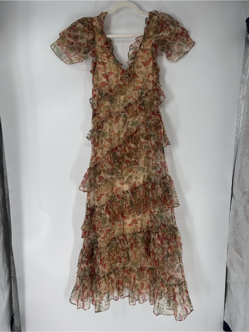 Selkie Satin Mushroom Brown Floral Ruffle Tiered V Neck Formal Maxi Dress XS - Picture 8 of 8
